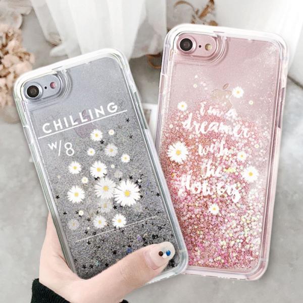 キラキラ 動く グリッター ラメ iPhoneX ケース きらきら 流れる iPhone8 iPhone7 6s iPhone8Plus 7Plus 花柄 マーガレット ロゴ 大人可愛い ピンク