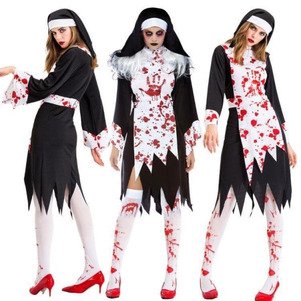 ハロウィン コスプレ 衣 血痕 修道女 ゾンビ シスター ブラック レッド ホワイト 恐怖魔女 悪魔コスプレ ハロウィン 仮装 衣装 パーティー