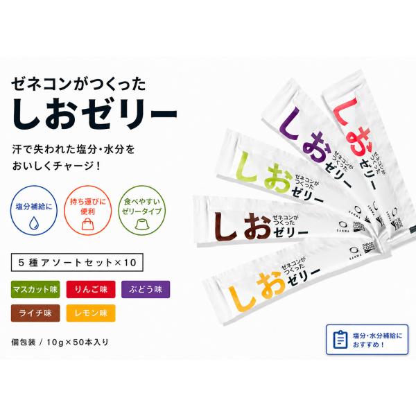 ゼネコンがつくったしおゼリー 5種アソート 50本セット（内容が分かる）10g 個包装 塩分補給 熱中症対策 ゼリー