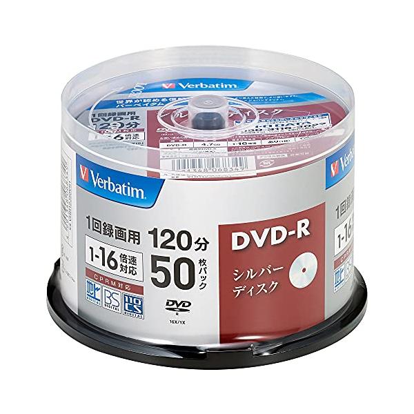 片面1層シルバー/ノンプリンタブル/50枚/VHR12J50VS1・パッケージ個数:1・品種:録画用 DVD-R・1回録画用・録画時間:120分・盤面印刷:×（シルバー）・倍速:1-16倍速 ケース:スピンドルケース 入り数:50枚
