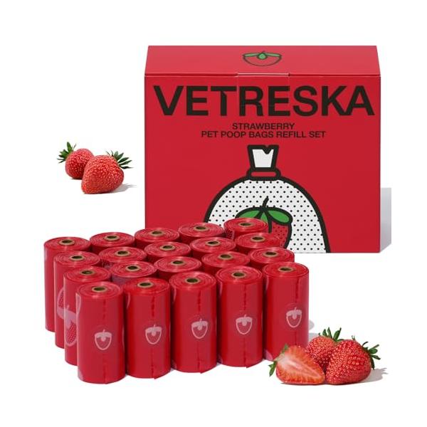VETRESKA ペット用ウンチ処理袋 うんちが臭わない袋 苺の香り 300枚入 詰め替え ロール 生分解性 極厚ゴミ袋 漏れ防止 マナー袋 車