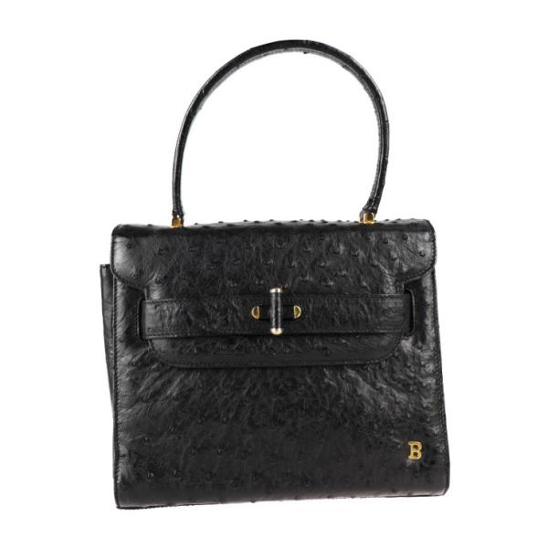 【BALLY】ハンドバッグ　ゴールド金具　ロゴ金具　オーストリッチ本革　ブラック Bally 美品 BALLY バリー バッグ ハンドバッグ オーストリッチ