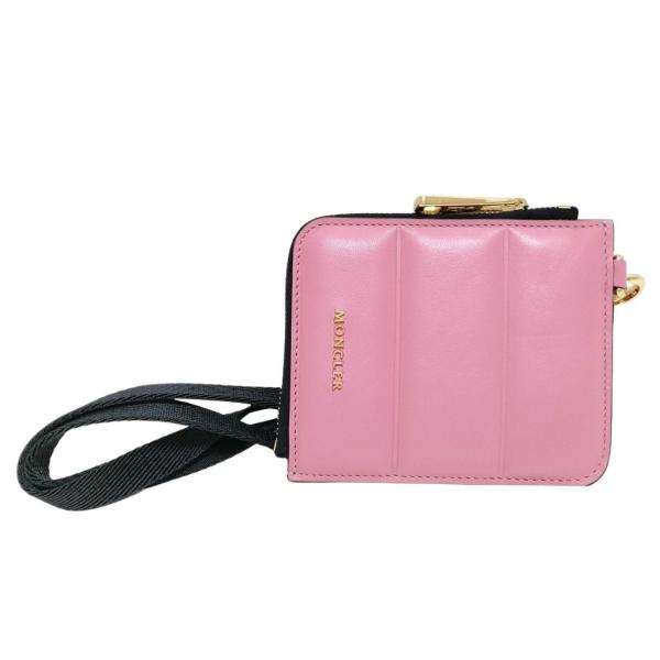 MONCLER モンクレール ケース フラット ウォレット スモール ピンク レザー レディース L字ファスナー ロゴ ショルダーウォレット ゴールド金具 美品【本物保証】 MONCLER（モンクレール） コインケース フラット ウォレット スモール