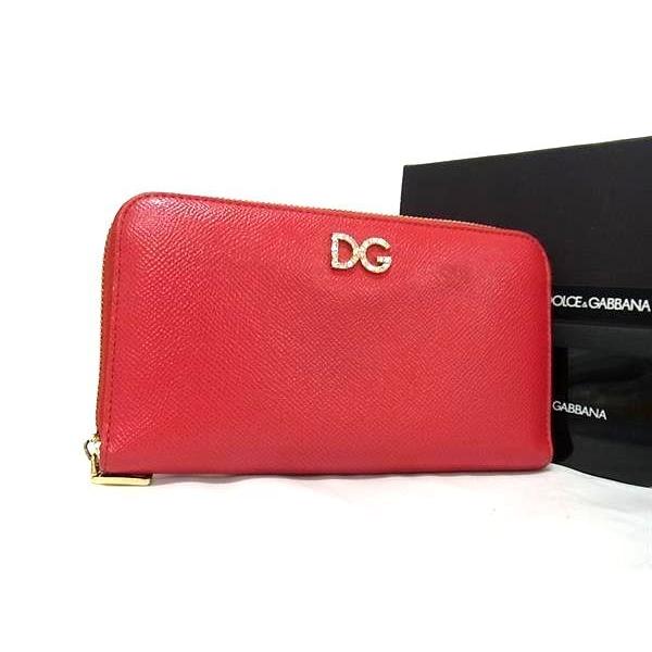 DOLCE＆GABBANA ドルチェ&ガッバーナ 財布 - - レッド レザー レディース ロゴ ラインストーン ラウンドファスナー 長財布 ゴールド金具 美品【本物保証】 DOLCE&GABBANA（ドルチェ & ガッバーナ） ドルチェガッバーナ 財布