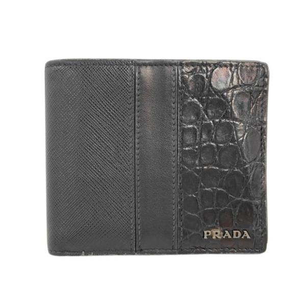 PRADA（プラダ） 二つ折り財布 2MO738 レザー×クロコダイル ブラック系