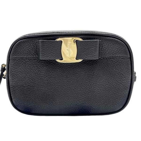 Salvatore Ferragamo フェラガモ ショルダーバッグ ヴァラリボン EE-21 H498 ブラック系 レザー レディース ゴールド金具 美品 FERRAGAMO（フェラガモ） ショルダーバッグ ヴァラリボン EE-21 H498