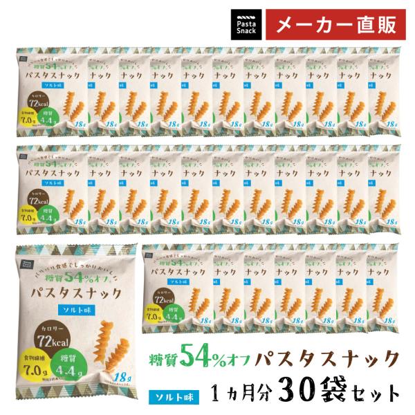 パリパリ食感でしっかりおいしい 糖質54％オフ(※)のお菓子。食べきりサイズのパスタスナックです。1袋(18g) 食べても糖質4.4g、カロリー72kcal、食物繊維は7.0g   (※)当社の一般的なパスタスナックと比べ、糖質を54％低減...