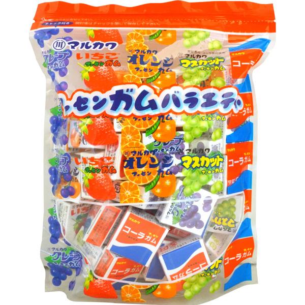 マーブルガムのアソートパックオレンジ、グレープ、いちご、マスカット、コーラの5種類チャック付だから保管にも便利です。商品サイズ1袋あたり：約230mm×195mm×70mm