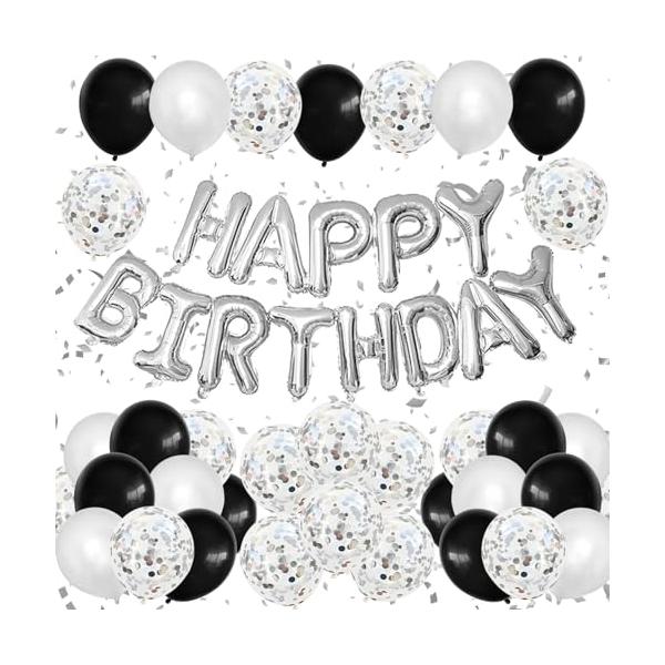Lausatek バルーン 誕生日 風船セット 黒 銀 HAPPY BIRTHDAY バースデー 紙吹雪風船 きらきら コンフェッティ 飾り付け パーティー サプライズ お祝い 両面シー
