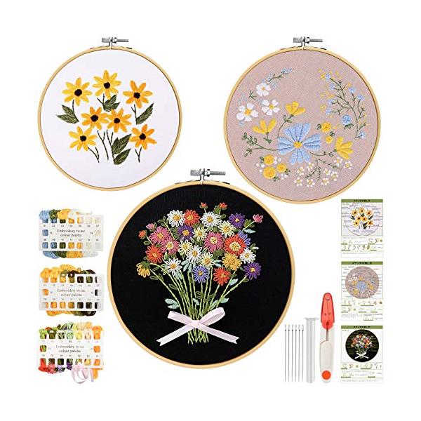 mefeny 刺繍キット 刺しゅう 初心者 刺繍初心者キット 花 英語と日本語説明書付き 竹製刺繍枠3本15CM/18CM/20CM 刺繍糸3パック 刺繍針6本 針ケース1本 刺繍布3枚