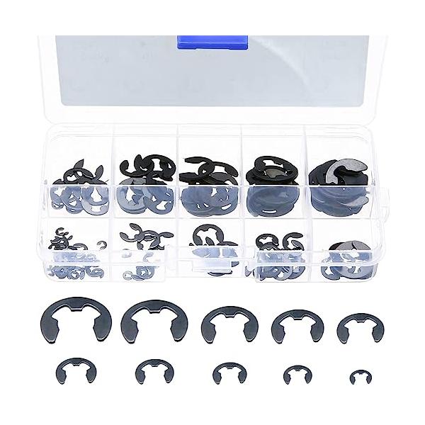 仕様：E型スナップリング120個セット 素材：65マンガン鋼 モデル番号：E型、収納ボックス付き カラー：ブラック。サイズ：収納ケース 長い12.8CM*幅6CM*高い2.2cm 、格子 長い3CM*幅2.4CM 、10サイズ 1.内径1....