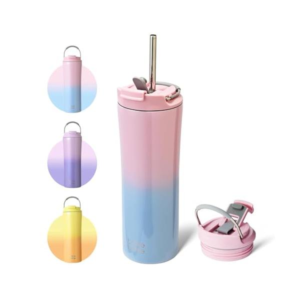 タンブラー 530ml 水筒 真空 断熱 保温 保冷 ステンレス 穴あるフタ付き ストロー ボトル 濡れない 結露しない 持ち手付き 直飲み ピンク ブルー BOTTLE BOTTLE