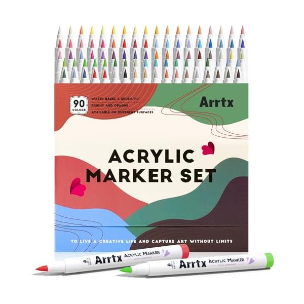 Arrtx アクリルマーカー 90色 ブラシチップ アクリルペイントペン ロックペインティング 木製 キャンバス ストーン ガラス セラミック ファブリック DIY クラフ