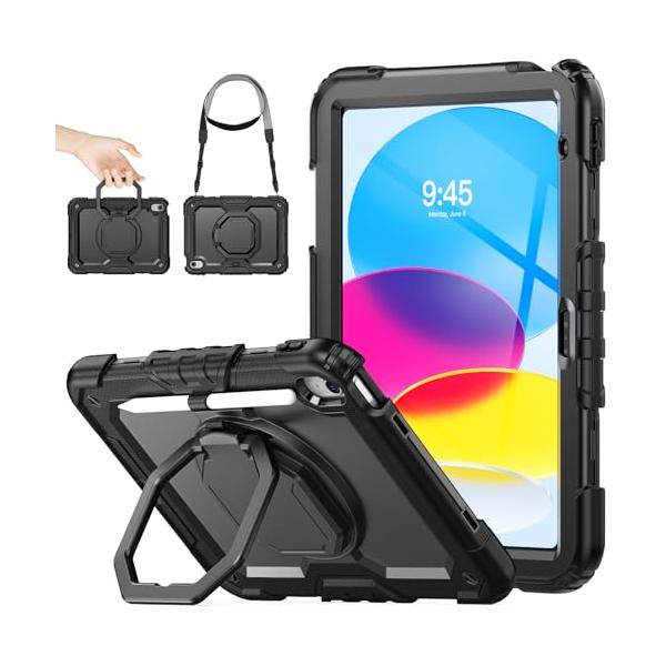 SEYMAC stock iPadケース A16 第11世代/第10世代専用 リングハンドル耐衝撃ケース 11/10.9インチ専用 ペン収納 ショルダーストラップ フィルム付きフレーム ブラ