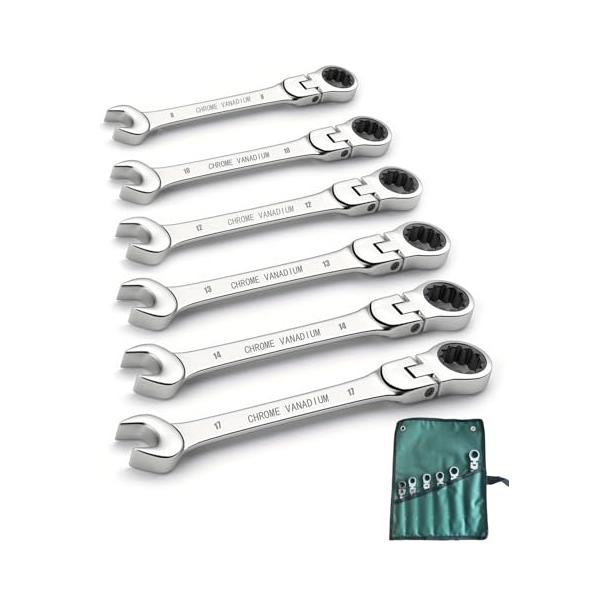 フレックスラチェットレンチ 6本組 首振りラチェット 両用ヘッド スパナ レンチ コンビネーションレンチ 収納袋付き 角度調整可能 72ギア 車メンテナンス 自動車