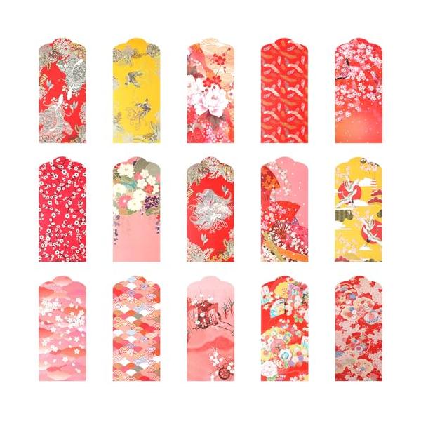 サイズ：約17.5*9CM。 セット内容：15種類、各1枚15枚セット：お札を折らずに入れる万円サイズのお年玉袋です。和風デザイン：花鳥風月をテーマに15種類の柄がデザインされています。品質：厚手で丈夫な紙を採用している、高級感が溢れていま...