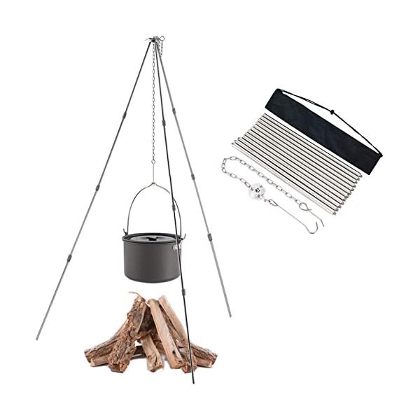 4段式 普通の3段式ではなく、4段式のトライポッドです、ロッドは自由に組み合わせることができ、使用場合によって、1*4段式に変更自由自在  15kg耐重 軽さと強さを併せ持つアルミ合金製ポールを採用しており、焚き火三脚のフックは最大15kg...