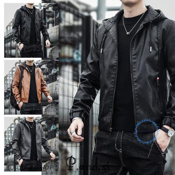 レザー フード付き メンズ パーカー PU革ジャン ライダース シンプル
