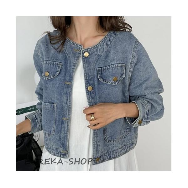 【美品】USED 00s デニム ショップコート ノーカラー ジャケット NVY デニムジャケット レディース ノーカラー ジャケット Gジャン デニム