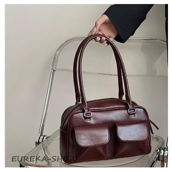 ハンドバッグ 持ち手長め ポケット ダブルポケット 大容量 ブラック