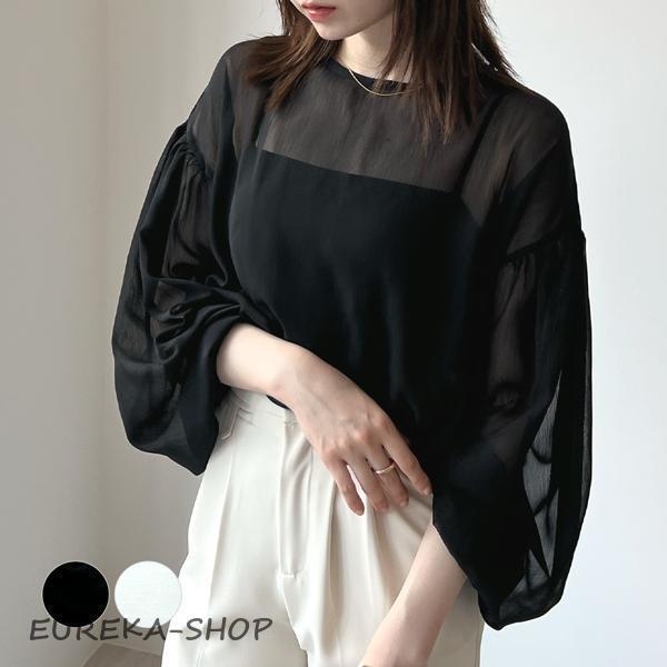 ブラウス長袖 シアー 透け感 オーガンジー バルーン袖 フレア ス リボン レディースシンプル ランタンスリーブシアーブラウス EUREKAショップ - 通販 - Yahoo ショッピング