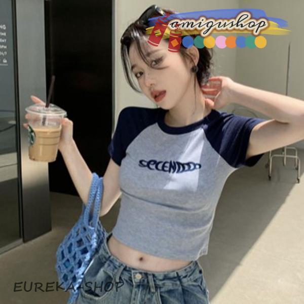 レディース トップス ラグラン Tシャツ 半袖 ロゴ スリムTシャツ へそ