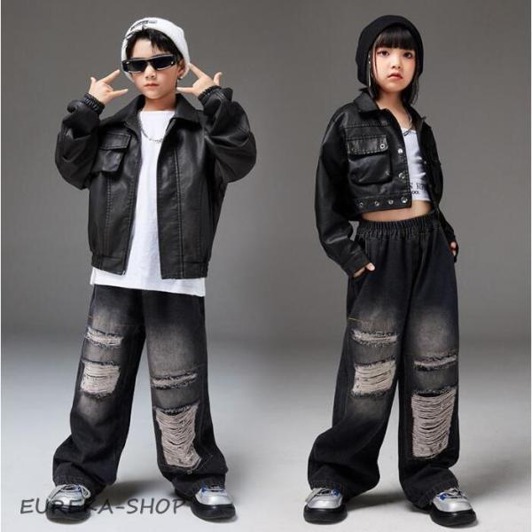 秋冬子供ダンス衣装 新作ヒップホップジャズダンス服 レザージャケット