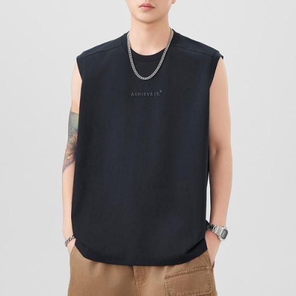 TAAKK 21ss ダブルジップ ノースリーブTシャツ / タンクトップ タンクトップ メンズ ノースリーブ Tシャツ クルーネック 厚手 綿