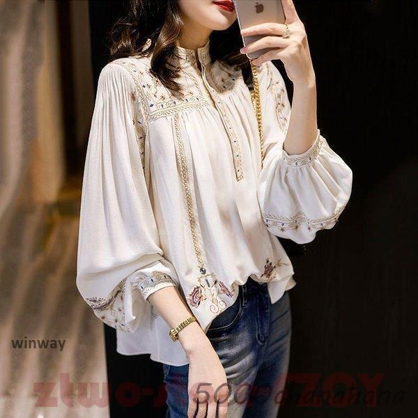 ブラウス レディース きれいめ 40代 秋新作 オシャレブラウス 白シャツ 長袖トップス パフスリーブ プリント刺繍ブラウス ボヘミア風 大人 上品 ゆったり ブラウス レディース きれいめ 40代 秋新作 オシャレブラウス 白シャツ