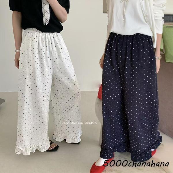 パンツレディース夏服 フリルパンツ 春夏 ワイドパンツ ドット柄パンツ ボトムズ ウエストゴム サイドポケット ストレートパンツ ハイウエストパンツ 旅行 海
