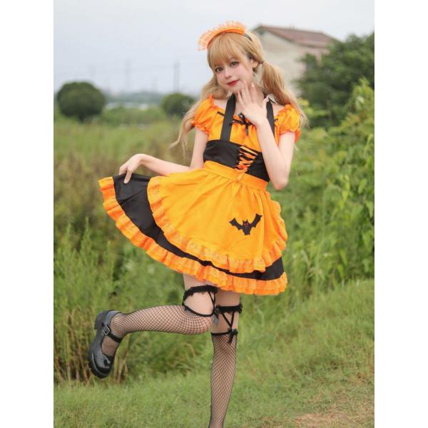 ハンドメイド★オレンジ。ハロウィンプリントワンピース★ストラップ♡ぬいば用コス ハロウィン】コスプレ 仮装 大人 元素 メイド服 ワンピース オレンジ