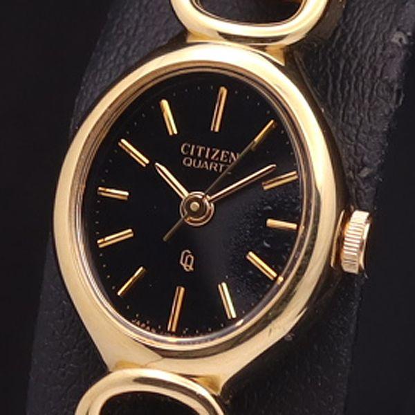 稼働 美品 シチズン QZ 4-106253 オーバル 黒文字盤 レディース腕時計