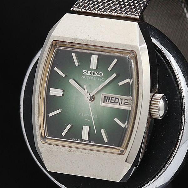稼動 セイコー 2206-3050 AT/自動巻 グリーン文字盤 23石付 メンズ