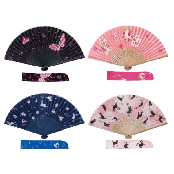 夏用扇子(竹骨)扇子袋付　蝶・花・うさぎ・猫［シルク扇子 プレゼント ギフト お土産 s310 s311 s313 s314］