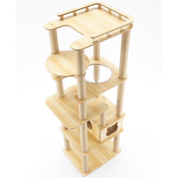 猫家族 滑り止めマット付 広い展望台付き キャットタワー 木製 大型猫