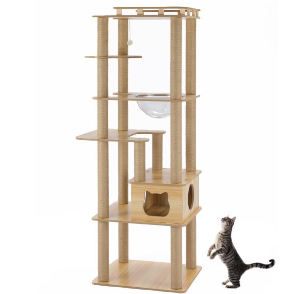 猫家族 滑り止めマット付 広い展望台付き キャットタワー 木製 大型猫