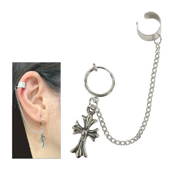 チェーンつきイヤカフ フェイクピアス 片耳 クロス 十字架 フープイヤリング イヤーカフ 男女兼用  :ecpe2212kc:7・5・3アクセサリーshop 通販 