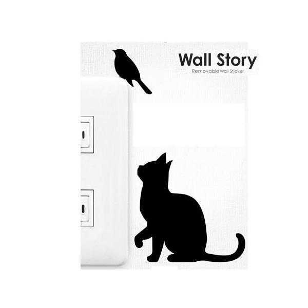 (クリックポスト発送)ウォールステッカー ウォールストーリー 猫(鳥発見)壁貼りシール 貼りなおし可能