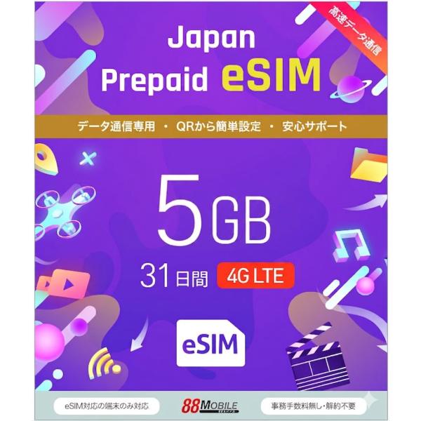 プリペイドSIM メール納品　プリペイドeSIM 5GB 31日 超過時、低速200kbpsのまま、期限内は使い続ける低速無制限 国内データ通信専用 NTTドコモ回線