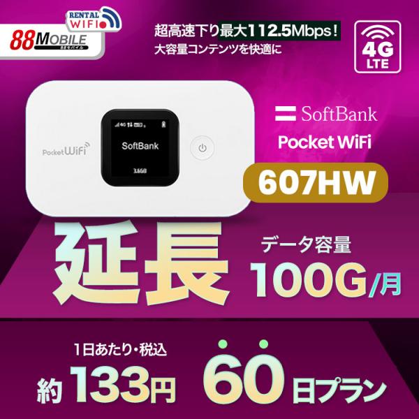 延長用 Softbank LTE【レンタル】 Pocket WiFi LTE 607HW 1日当レンタル料 135円【レンタル 60日プラン】 ソフトバンク WiFi レンタル WiFi 【emobile】