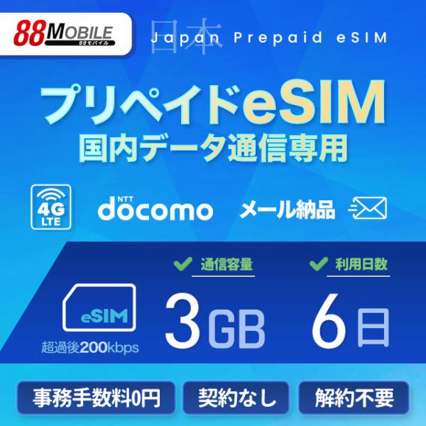 プリペイドSIM　メール納品　プリペイドeSIM 3GB 6日 超過時、低速200kbpsのまま、期限内は使い続ける低速無制限 国内データ通信専用 NTTドコモ回線