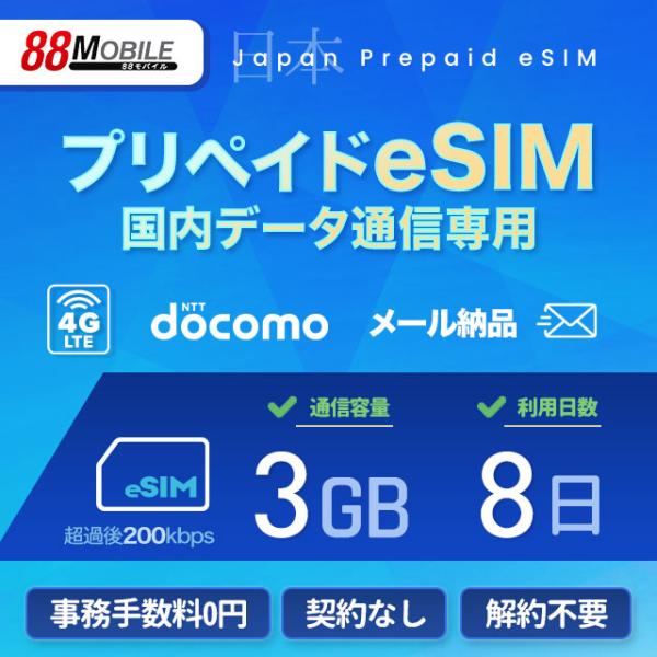 プリペイドSIM　メール納品　プリペイドeSIM 3GB 8日 超過時、低速200kbpsのまま、期限内は使い続ける低速無制限 国内データ通信専用 NTTドコモ回線