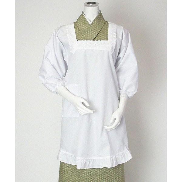 割烹着 和装 白 角衿 フリル付き 撥水 撥油 おしゃれ 105m丈 LL