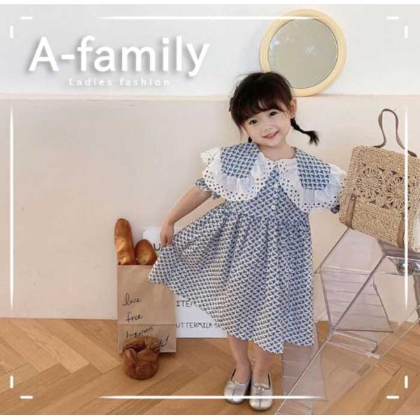 女の子の憧れ！大きなレース襟のワンピース♪少し長めの丈感で、ドレスのような女の子らしいワンピースは可愛いらしさと上品さを演出。袖のパフスリーブの袖が動きやすく涼しいデザインです。結婚式や発表会、お出かけや旅行にぴったりなワンピースはプレゼン...