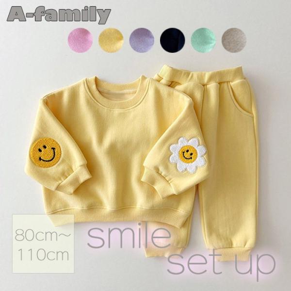 プルオーバーでスウェット生地で動きやすいセットアップなのでコーディネートに困らないフラワーにこちゃんが可愛らしいカラフルなセットアップリンクコーデにもピッタリです！カラーグリーングレーパープルピンクイエローネイビーサイズ80cm90cm10...