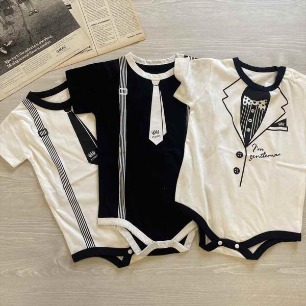 本物と間違えてしまいそうなデザインがユニークなオシャレロンパースですトロンプルイユ（だまし絵）柄が、一際注目度アップ海外子供服・韓国子供服（海外ベビー服・韓国ベビー服）好きにも送料無料でお届けします【カラー】ホワイト×ネクタイ・ブラック×ネ...