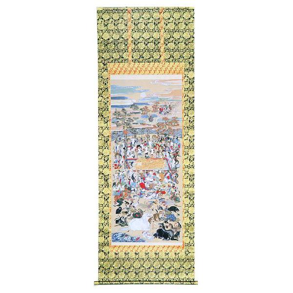 掛軸 釈迦涅槃図 大幅軸 紙本 彩色 仏画 仏教美術 年代物 時代物 合箱 掛け軸 掛軸 釈迦涅槃図 大幅仏画 (複製画・新品) 桐箱・タトウ