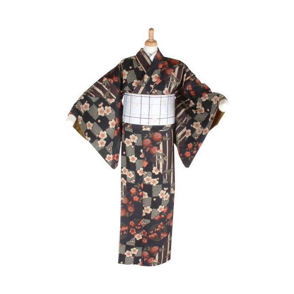 嵐山よしむら」仕立て上がり着物竹に菊花丸のパッチワーク（カラシ 