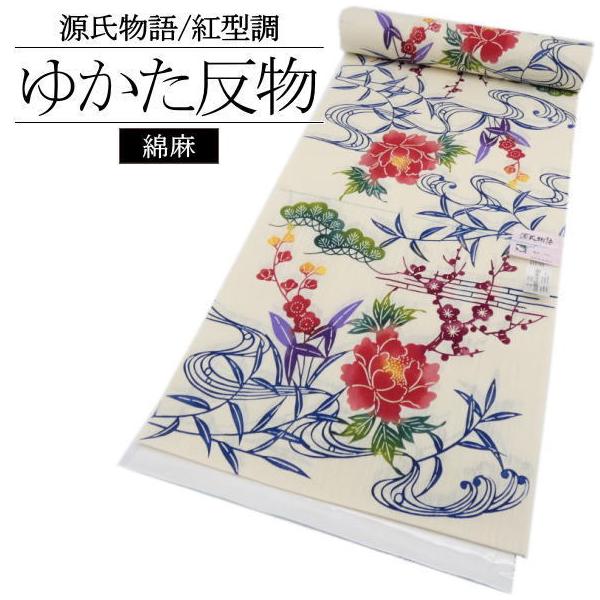 新品未使用品　紅型調ゆかた　東京本染　源氏物語　送料無料 源氏物語」浴衣反物 本染め・紅型調ゆかた（流水に花） : いつも