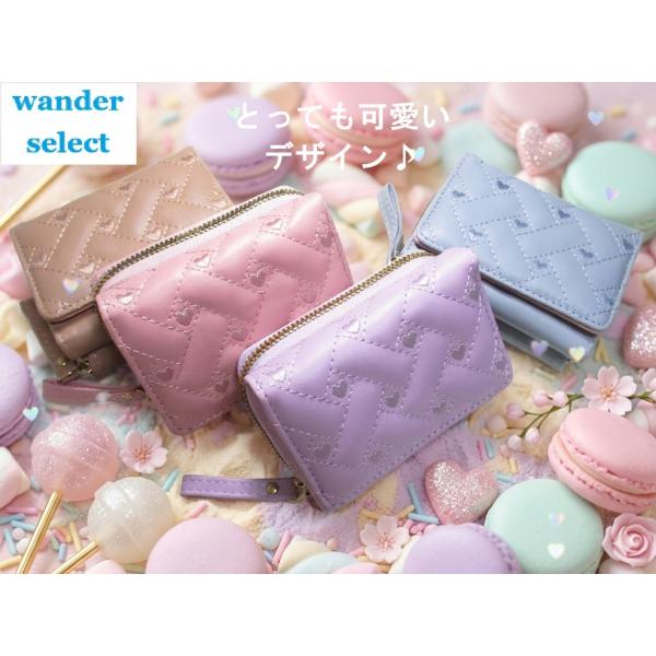 SALE 財布 レディース 三つ折り ミニ財布 コンパクト ラウンドファスナー財布 可愛いキルティングデザイン ハート刺繍柄 PU素材 セール 在庫限り